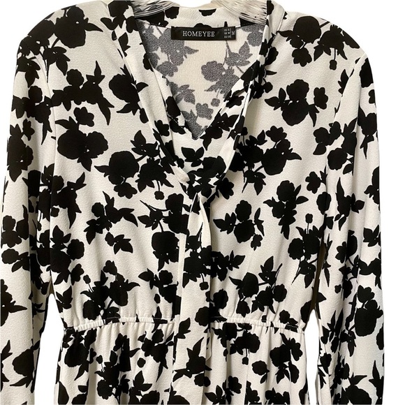 Homeyee Women's Black & White Long Sleeve V- Neck Floral Short‎ Dress Size M - Picture 4 of 7